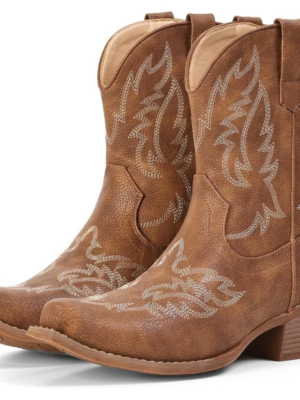 Women's Light Brown Ankle Western Cowgirl Mid Calf Snip Toe Chunky Shoes Booties - Picture 1 of 6